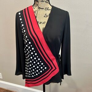 Joseph Ribkoff Asymmetrical Wrap Blouse in Black and Red good condition. Size 4